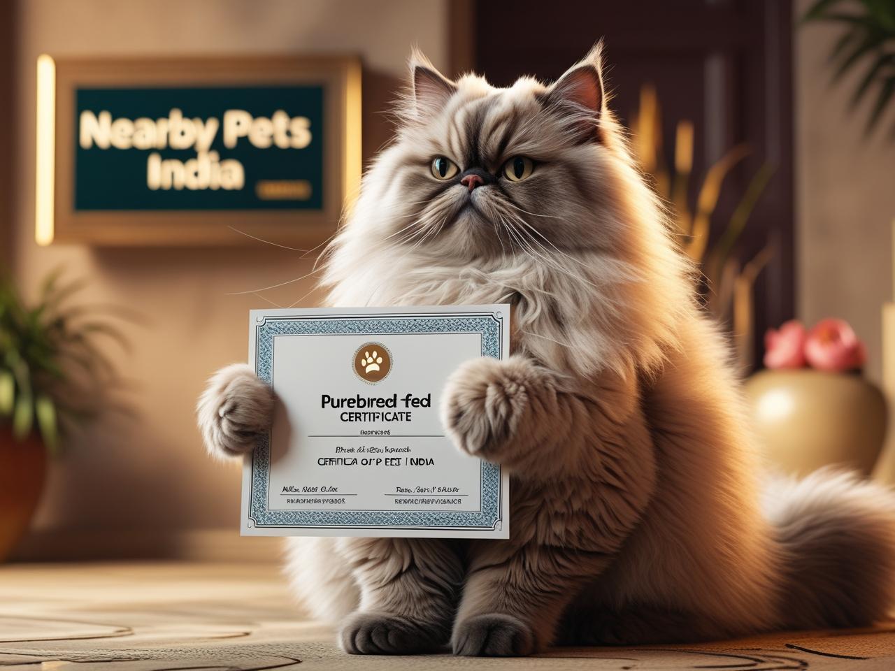 cat-with-Purebred-Certifiate-and-representing-background-name-board-of-Nearby-Pets-India.jpg First Vaccination & Fitness Certifcate & Feline Purebred Certficate - Image 1